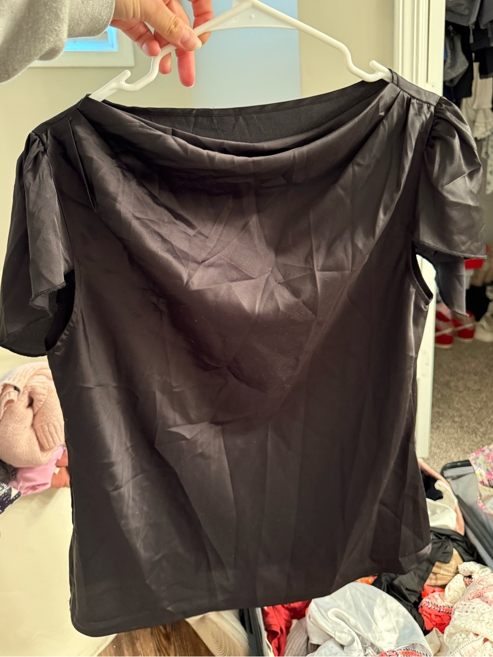 NWOT Black Women's Short Sleeve Satin Boatneck Top